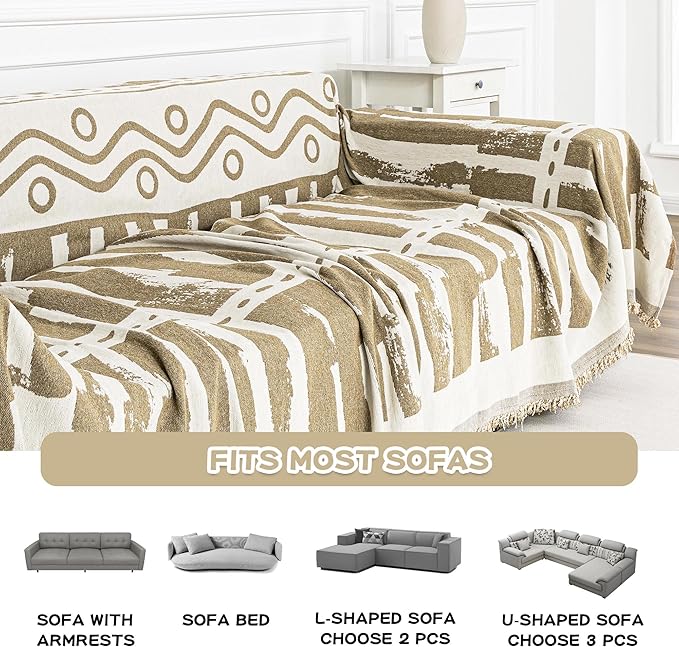 MEETSKY Boho Couch Covers for 2 Cushion Couch Sofa, Sofa Covers Washable Couch Cover for Sectional Sofa, Chenille Couch Protector for Kids, Dogs, Khaki