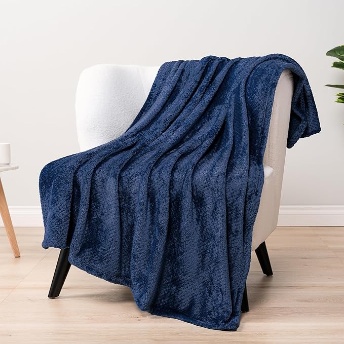 PAVILIA Navy Blue Throw Blanket for Couch, Twin Bed, Soft Fleece Throws for Sofa Chair, Fuzzy Waffle Textured Blanket, Cozy Warm Lightweight All Season Blanket Throw, 60x80