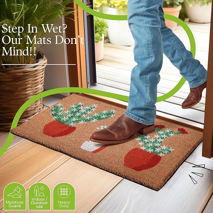 Coir Door Mats 17" X 30", Non-Slip Sturdy, PVC Backed Heavy Duty, Easy to Clean, Ideal for Door Entrance, Patio, Porch, Backyard, Garages, Sparkling Cactus
