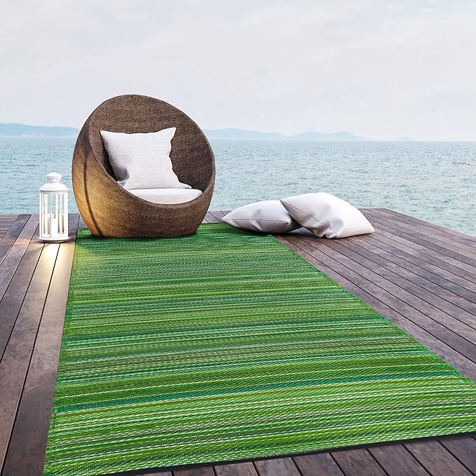 Fab Habitat Outdoor Rug - Waterproof, Fade Resistant, Crease-Free - Premium Recycled Plastic - Striped - Patio, Porch, Deck, Balcony - Cancun - Green - 5 x 8 ft