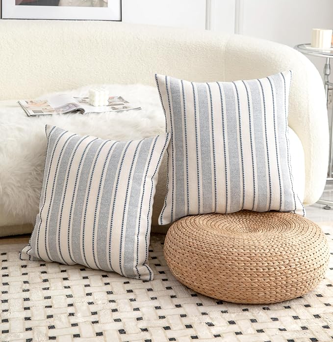 Decorative Boho Throw Pillow Covers, Farmhouse Textured Pillow Case, 20 x 20 Inch Set of 2, Chair Sofa Bedroom Living Room Home Decor Couch Cushion Case, Classic Blue and Beige Striped