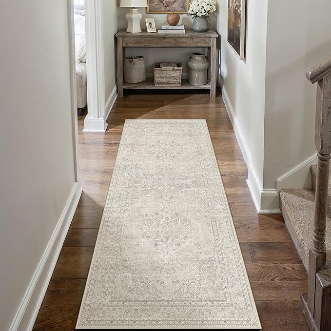 Beige 2x6 Runner Rug Washable Vintage Long Carpet for Hallway Kitchen Soft Retro Floral Low Pile Indoor Runner Non Slip Central Medallion Throw Rug for Bathroom Bedroom Laundry Dining Room