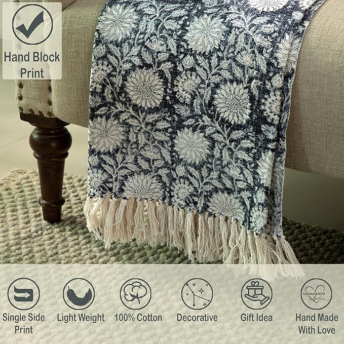 100% Pure Cotton Handblock Printed Throw Blanket, Soft 50" x 60" Fringed Floral Print Throw for Couch, Sofa, Chair, Bed - Cozy, Machine Washable, Comfortable Home Decor