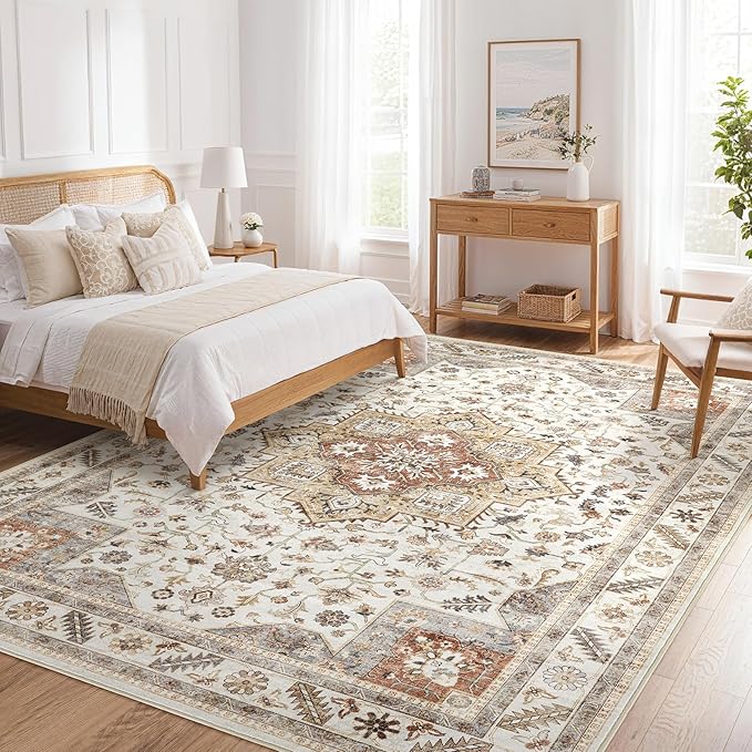 Vintage Living Room Area Rug 6x9 - Large Soft Washable Oriental Traditional Distressed Farmhouse Rugs for Bedroom - Indoor Floor Accent Carpet for Home Office House Decor - Golden Taupe