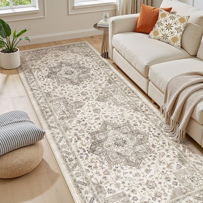 Vintage Hallway Runner Rug 3x12: Large Soft Washable Entryway for Kitchen Laundry Room Non-Slip Backing Runner for Entrance Living Room Bedroom Bathroom - Light Brown