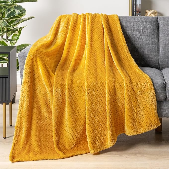 PAVILIA Mustard Yellow Throw Blanket for Couch Bed, Soft Fleece Throws for Sofa Chair, Fuzzy Waffle Textured Blanket, Cozy Warm Lightweight All Season Blanket Throw, 50x60