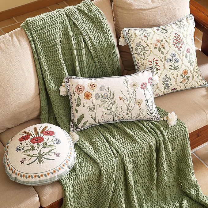 ISAENNE Design Linen Throw Pillow Covers 12"x20", Lumbar Farmhouse Cushion Covers with Yellow Purple Watercolor Wildflower Pattern Decor Pillowcases for Bed,Living Room,Outdoor,Car