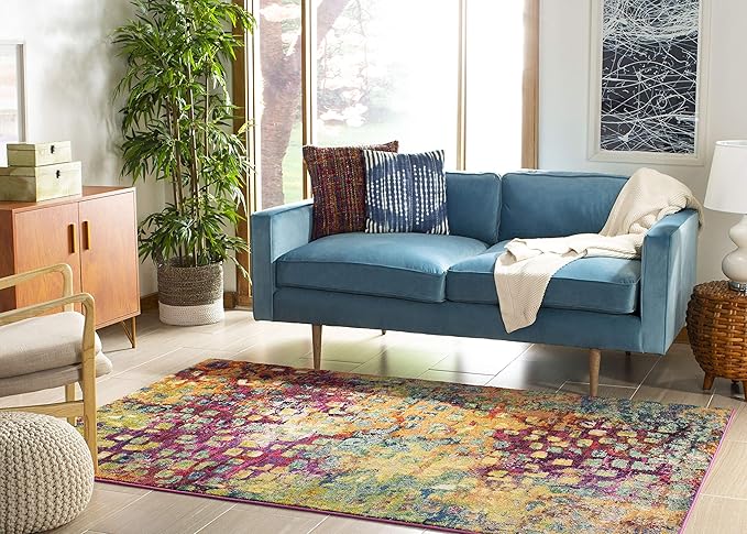 SAFAVIEH Monaco Collection Accent Rug - 3' x 5', Pink & Multi, Boho Chic Abstract Watercolor Design, Non-Shedding & Easy Care, Ideal for High Traffic Areas in Entryway, Living Room, Bedroom (MNC225D)