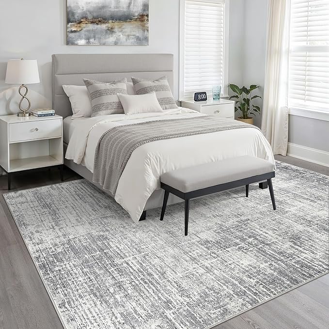 7x9 Area Rug Living Room: Washable Large Neutral Grey Rugs Abstract Soft Modern Stain Resistant Indoor Floor Non-Slip Carpet for Bedroom Nursery Kids Office Playroom Dining Room Under Table Home