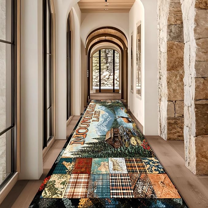 Retro Elk Runner Rug 4x12ft with Boat and Alpine Flowers - Bohemian Washable Rug Thick Anti-Fatigue Mat for Entryway, Geometric Art Pattern Living Room Hallway Entrance Decor