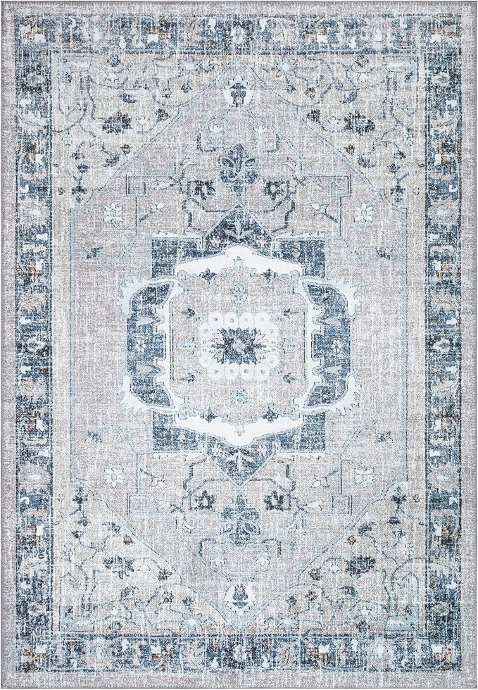 Bloom Rugs Washable Non-Slip 6' x 9' Rug - Pebble Gray/Blue Traditional Medallion Area Rug for Living Room, Bedroom, Dining Room, and Kitchen - Exact Size: 6' x 9'