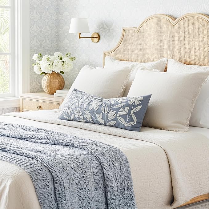 BlissBlush Blue Velvet Decorative Lumbar Pillow Cover 14x36, Soft Long Body Pillow for Bed, Accent Lumbar Throw Pillow for Bedroom, Modern Farmhouse Textured Pillowcase