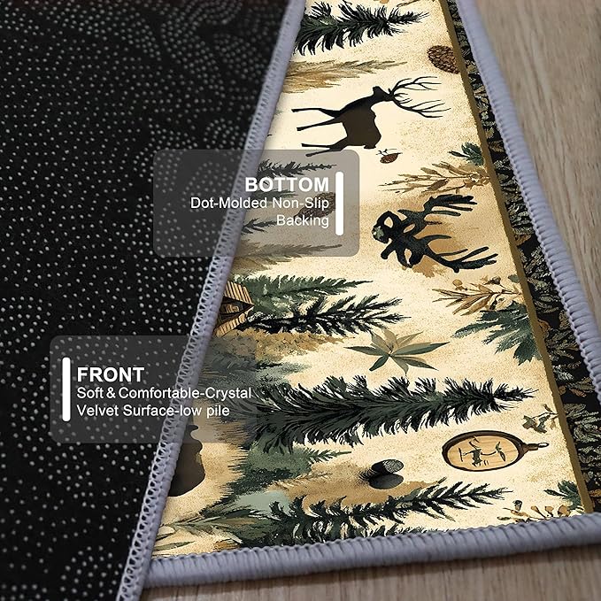 Brown Bohemian Bear Runner Rug 2x6ft with Elk Cabin Pinecone - Foldable Vintage Floor Mat for Farmhouse Decor, Thick Non-Skid Rug Indoor Outdoor Use, Forest Lawn Pattern
