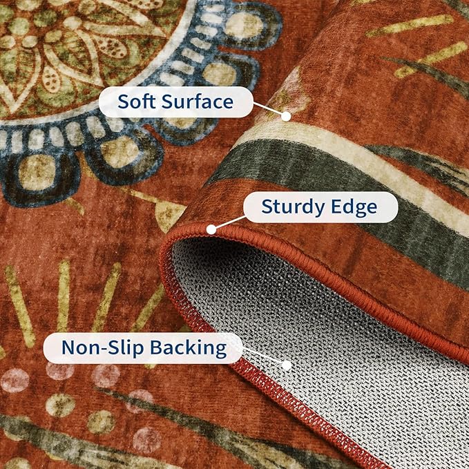 GarveeHome 9x12 Floral Washable Area Rug: Large Living Room Area Rug with Non-Slip Backing Washable Ultra Soft Bedroom Floral Carpet Indoor Stain Resistant Carpet for Dining Room 9 * 12 ft Brick Red