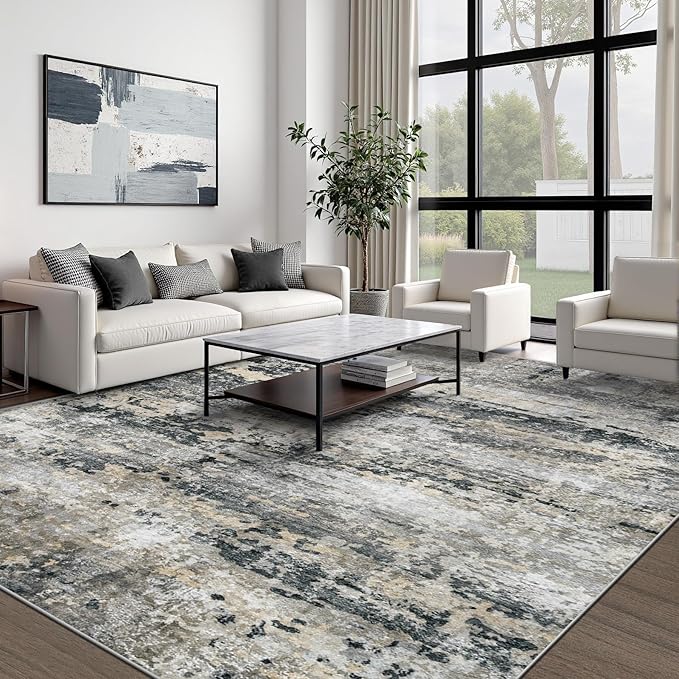 Area Rugs 8x10 for Living Room: Washable Rug Modern Abstract Neutral Soft Non-Slip Low-Pile Indoor Large Carpet for Bedroom Dining Room Playroom Home Office (Black Grey Brown, 8'x10')