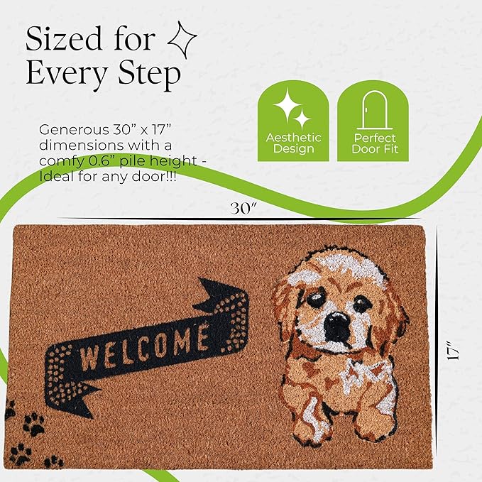 Coir Door Mats 17" X 30", Non-Slip Sturdy, PVC Backed Heavy Duty, Easy to Clean, Ideal for Door Entrance, Patio, Porch, Backyard, Garages, Cute Little Puppy Welcome