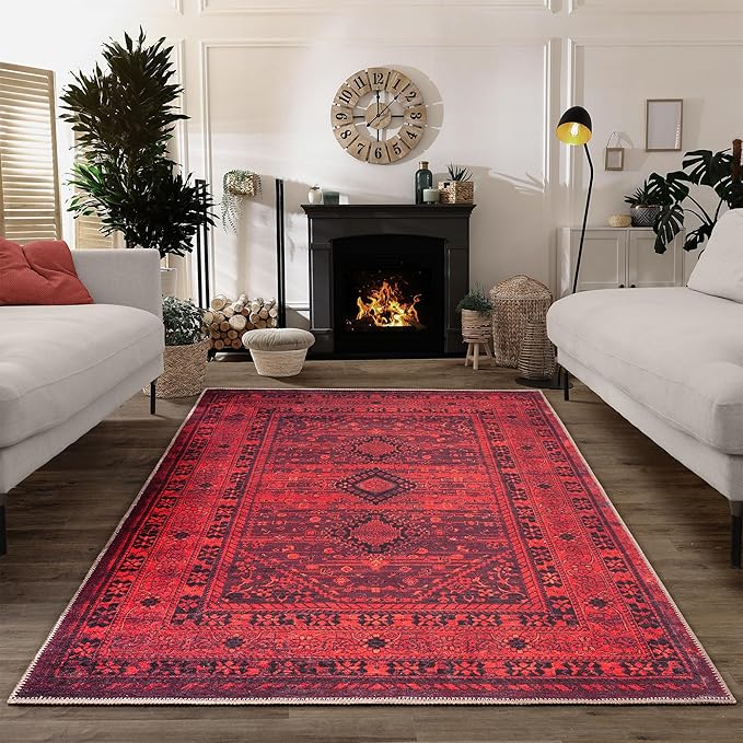 Bloom Rugs Washable Non-Slip 6' x 9' Rug - Red Traditional Bordered Area Rug for Living Room, Bedroom, Dining Room, and Kitchen - Exact Size: 6' x 9'