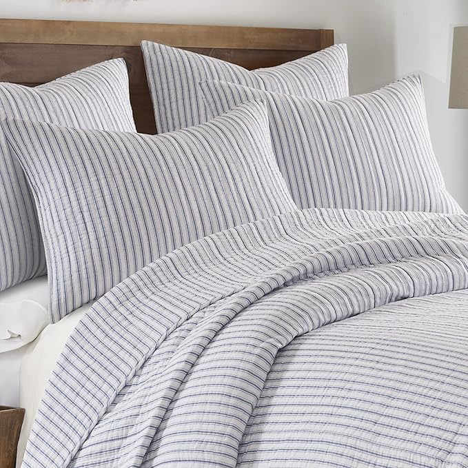 Levtex Home Tobago Stripe Blue Reversible Full/Queen Quilt Set (88x92in) and 2 Pillow Shams (26x20in) - Striped - Blue, White - Cotton Full/Queen Size Quilt Bedding Set - Lightweight, Soft, Pre-Washed
