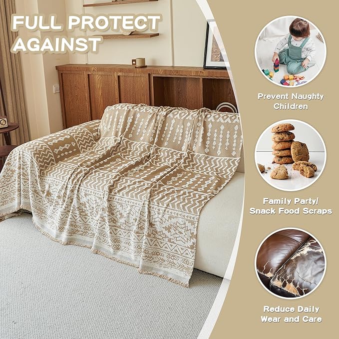 MEETSKY Boho Couch Cover Sofa Slipcover for Sectional Sofa Covers Protector Universal Use Chenille Blend Thick Fabric Washable, Modern Design Sofa Throw Cover for Living Room, 71" x 118", Khaki