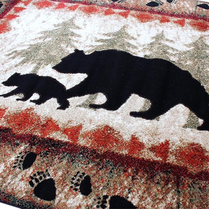Masada Rugs, Cabin Lodge Area Rug Bear and Cub Scene (5 Feet 3 Inch X 7 Feet)