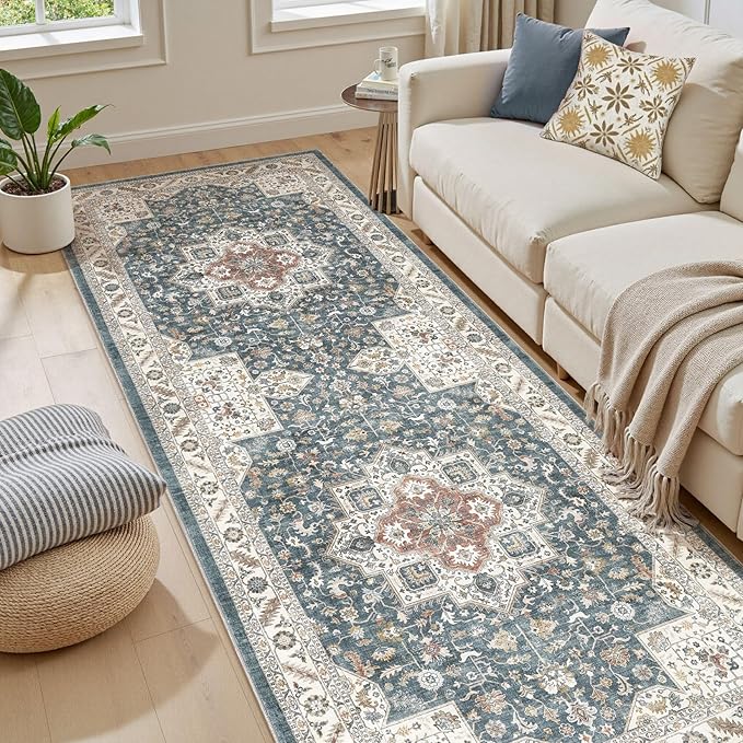 Vintage Hallway Runner Rug 3x14: Large Soft Washable Entryway for Kitchen Laundry Room Non-Slip Backing Runner for Entrance Living Room Bedroom Bathroom - Vintage Blue