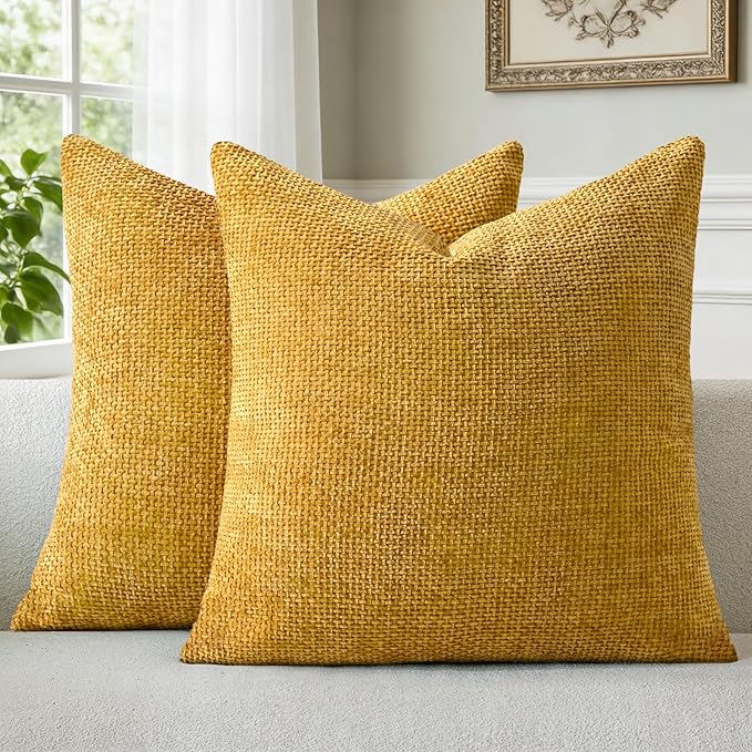 a moment Fall Mustard Yellow Chenille Throw Pillow Covers 20x20 Inch Pack of 2 Modern Decorative Throw Pillow Covers Farmhouse Cross Covers Home Decor for Sofa Bedroom Living Room