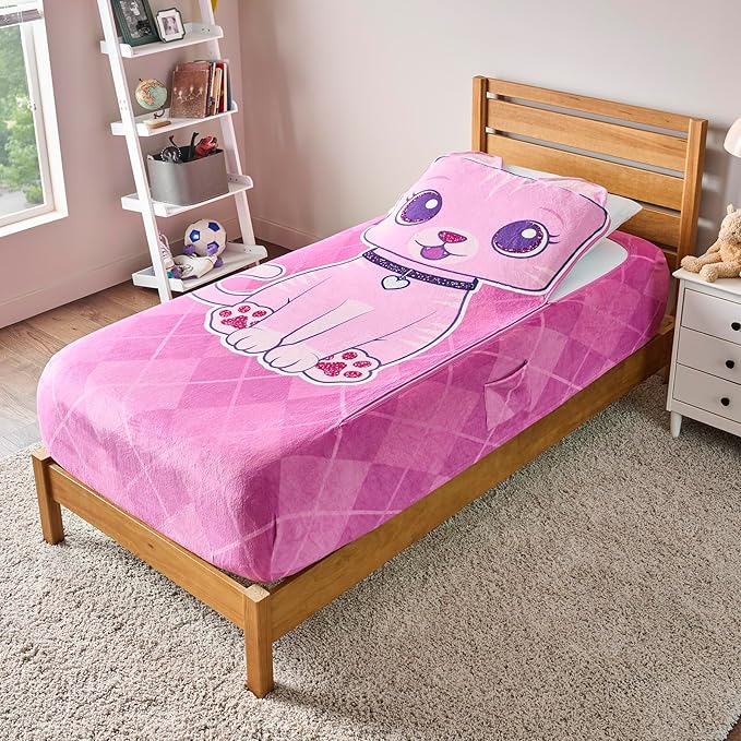 ZippySack Twin Bed Zip-Up Bedding – Super Soft Fleece Fitted Blanket with Side Pocket & Durable Zipper – Easy Bed-Making for Kids (Kitty)
