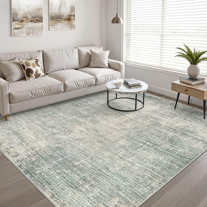10x12 Area Rug Living Room: Washable Large Neutral Green Rugs Abstract Soft Modern Stain Resistant Indoor Floor Non-Slip Carpet for Bedroom Nursery Kids Office Playroom Dining Room Under Table Home