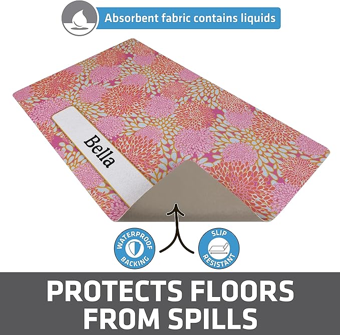 Drymate Personalized Pet Bowl Placemat, Custom Dog & Cat Food Feeding Mat - Absorbent Fabric, Waterproof Backing - Machine Washable/Durable (USA Made) (12" x 20") (Rejuvenation Pink Flowers)