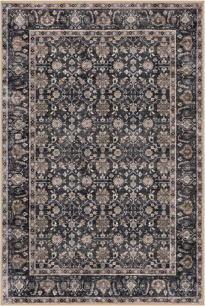 KUTA Vintage 8x10 Area Rugs for Living Room, Washable Large Rug for Bedroom 8ft x 10ft Non-Slip, Brown Ultra Thin Soft Printed Traditional Floral Distressed Dining Room Low-Pile Carpet