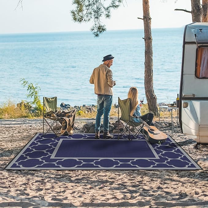 GENIMO 6' x 9' Outdoor Rug Waterproof for Patio Decor, Foldable Reversible Plastic Straw Area Rugs Mat for Camper, Outside Carpet for Rv, Deck, Porch, Picnic, Beach, Balcony, Blue & Grey