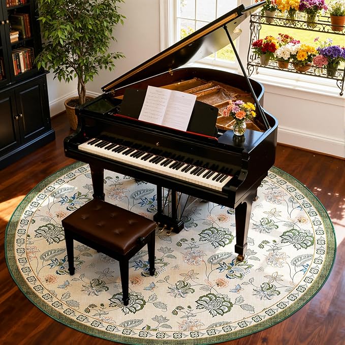 jinchan Elora 8ft Floral Round Rug for Washable Living Room Rug Vintage Romance Christmas Design Non Slip Indoor Floor Cover Lightweight Low-Profile Throw Carpet for Porch Patio, Green/Beige