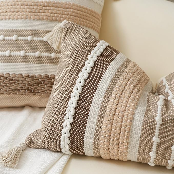 BlissBlush Brown Decorative Throw Pillow Cover 20x20 Square Boho Accent Pillowcase Tassels Farmhouse Cushion for Couch Sofa Bedroom Livingroom Home Décor Cover ONLY (Pack of 1)