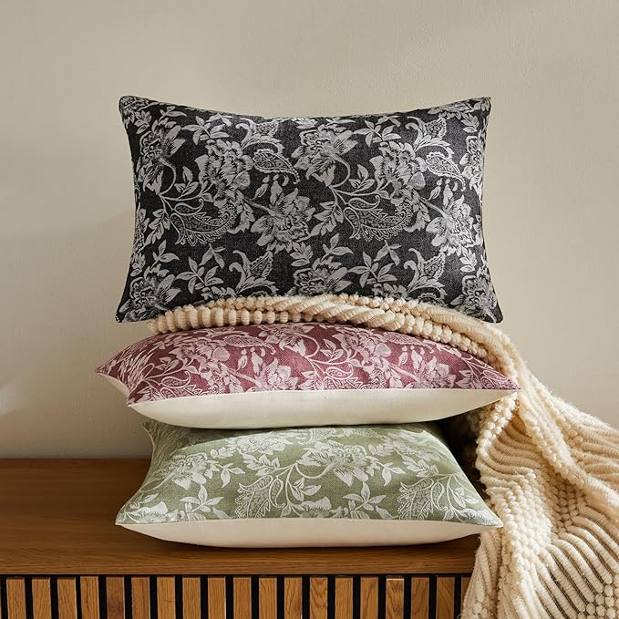 Floral Jacquard Lumbar Throw Pillow Covers Set of 2, Background/Charcoal 12x20 Inch, Farmhouse Decorative Cotton Dark Grey Cushion Covers for Sofa Bed Living Room Home Decor