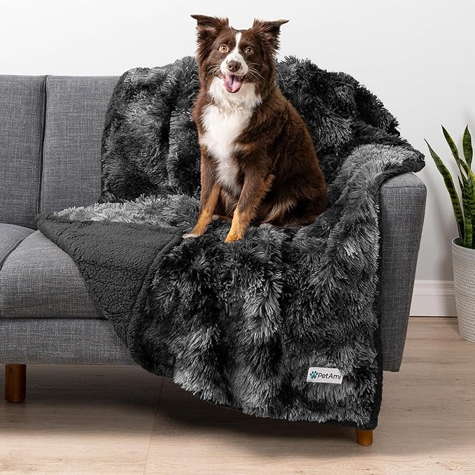 PetAmi Waterproof Dog Blanket for Small Medium Dogs, Calming Fleece Cat Blanket, Couch Protector Washable Sherpa Faux Fur Pet Throw for Puppy, Soft Reversible 29x40 Tie-Dye Black