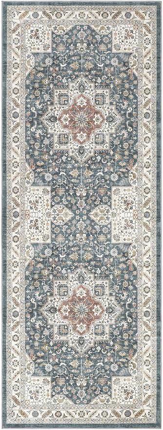 Vintage Hallway Runner Rug 3x8: Large Soft Washable Entryway for Kitchen Laundry Room Non-Slip Backing Runner for Entrance Living Room Bedroom Bathroom - Vintage Blue
