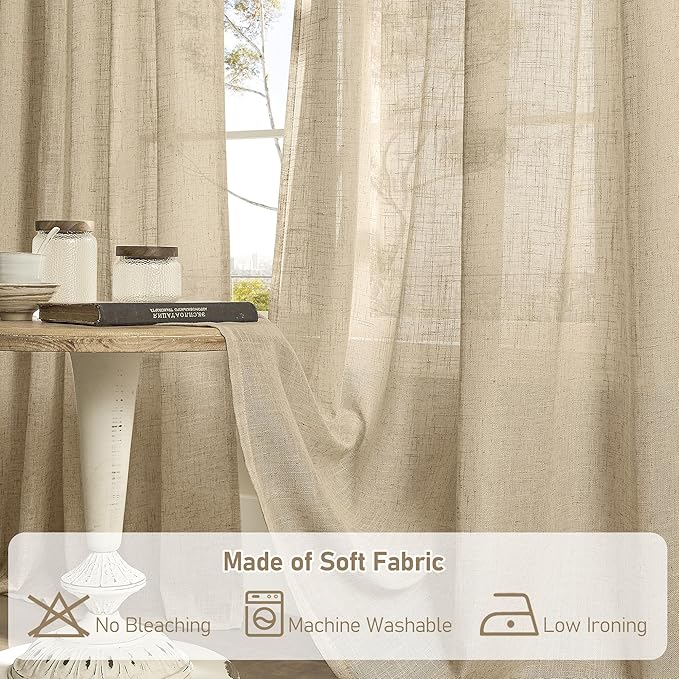 LAMIT Linen Curtains 63 Inch for Bedroom, Light Filtering Neutral Semi Sheer Window Curtains Back Tab and Rod Pocket Panels, 2 Panels, Brown, 60 x 63 Inch