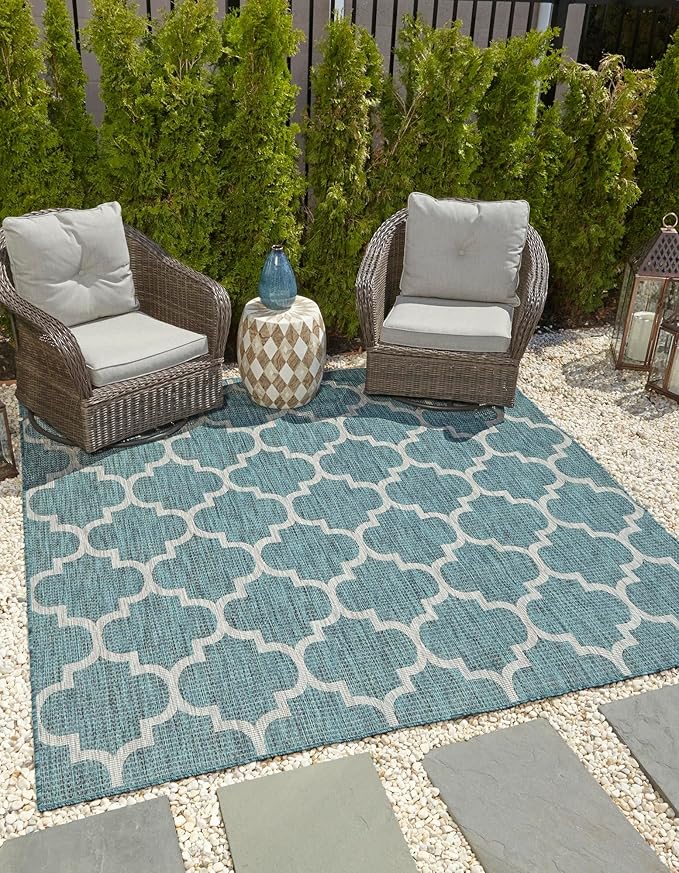 Unique Loom Outdoor Trellis Collection Area Rug (7' 10" Square, Teal/ Gray)