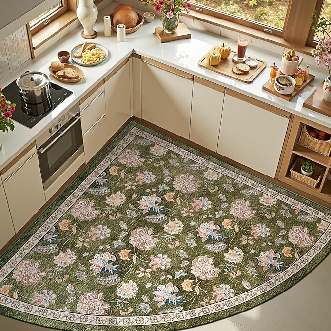 jinchan Elora Floral Corner Rug for Washable Nursery Rug Vintage Romance Christmas Design Non Slip Quarter Circle Lightweight Low-Pile Throw Carpet for Playroom Reading Office, 5ft Radius, Green