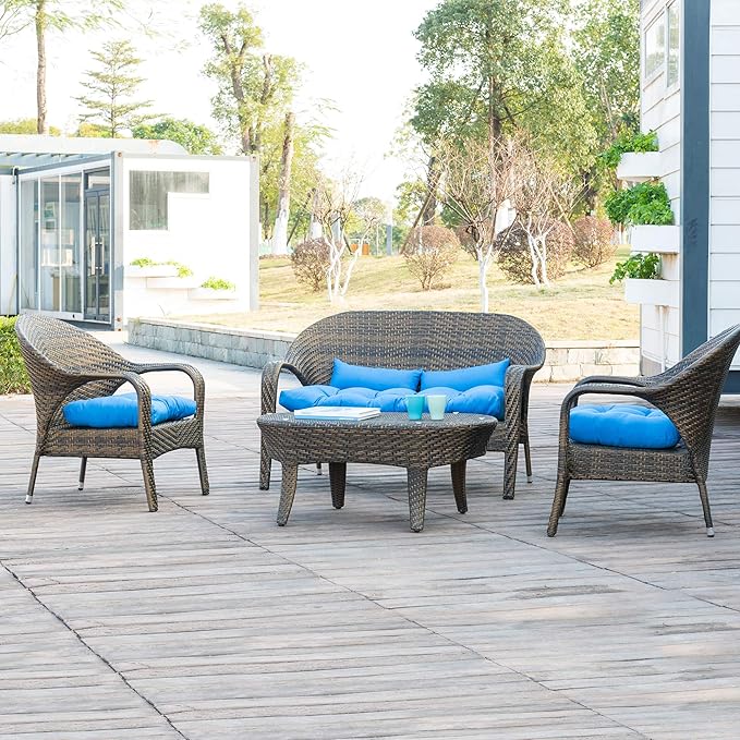 QILLOWAY Outdoor Patio Wicker Seat Cushions Group Loveseat/Two U-Shape/Two Lumbar Pillows for Patio Furniture,Wicker Loveseat,Bench,Porch,All Weather, Settee of 5 (Blue)