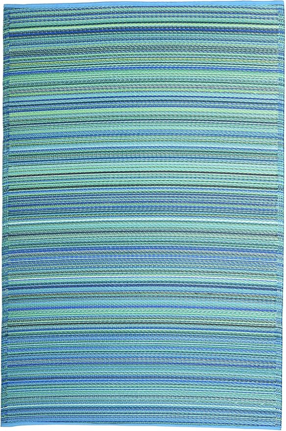 Fab Habitat Outdoor Rug - Waterproof, Fade Resistant, Crease-Free - Premium Recycled Plastic - Striped - Large Patio, Deck, Sunroom, Camping, RV - Cancun - Turquoise & Moss Green - 6 x 9 ft