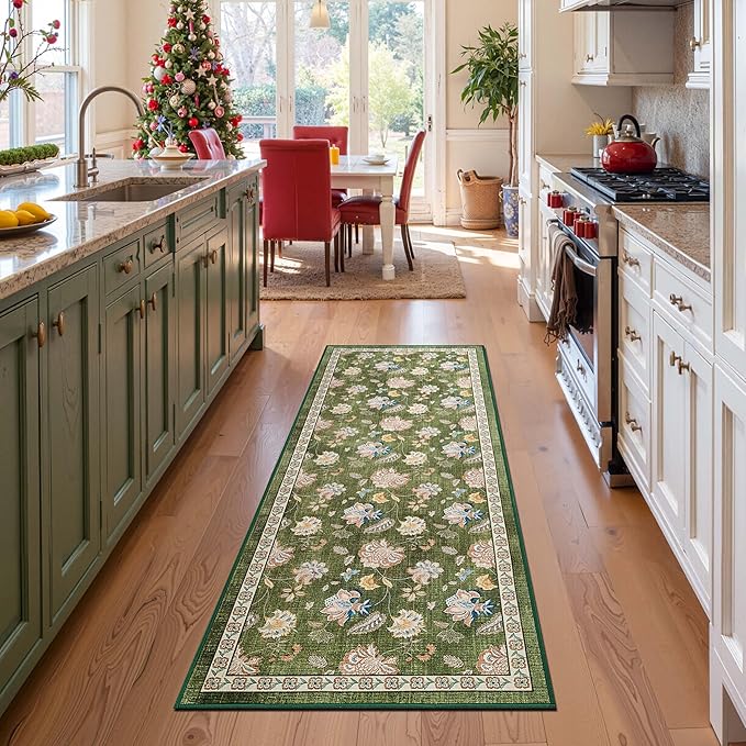 jinchan Elora 3x8 Floral Runner Rug for Hallway Washable Runner Vintage Romance Christmas Design Non Slip Thin Indoor Floor Cover Low-Profile Throw Carpet for Entryway Bathroom Bedroom Porch, Green