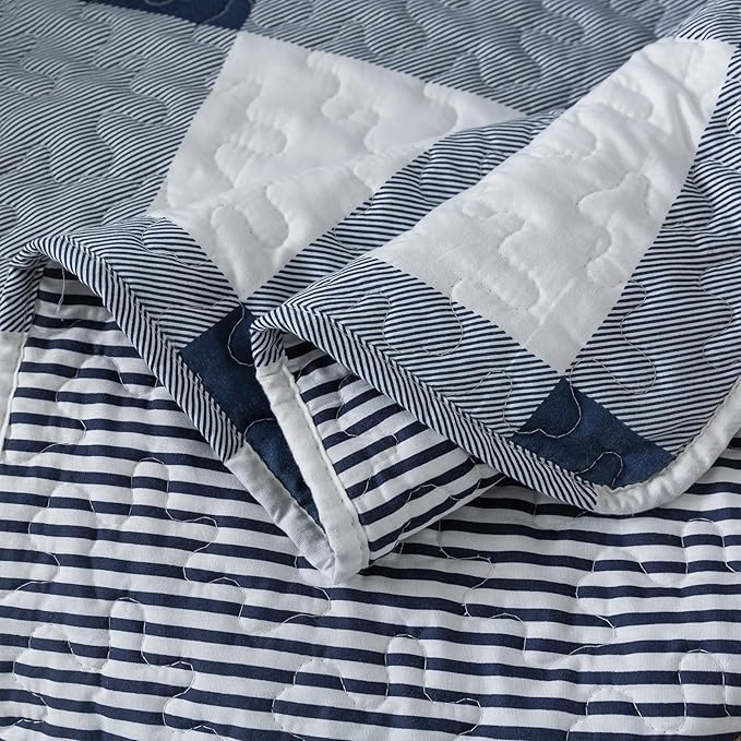 Soul & Lane Checks and Stripes 50" x 60" Blue Buffalo Check Throw: Lap Quilted Blanket, Blue and White Lightweight Couch Quilt, Checkered Coverlet, Plaid Winter Outdoor Quilted Throw Blanket