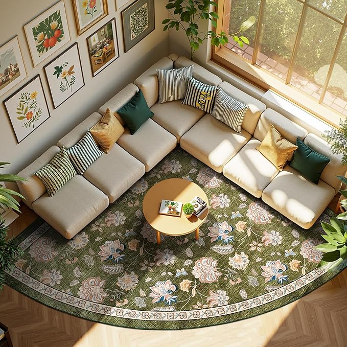jinchan Elora Floral Corner Rug for Living Room Washable Rug Vintage Romance Christmas Design Non Slip Quarter Circle Lightweight Low-Pile Throw Carpet for Reading Nook Playroom, 8ft Radius, Green