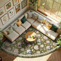 jinchan Elora Floral Corner Rug for Living Room Washable Rug Vintage Romance Christmas Design Non Slip Quarter Circle Lightweight Low-Pile Throw Carpet for Reading Nook Playroom, 7ft Radius, Green