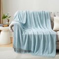 Light Blue Knitted Decorative Ball Throw Blankets for Couch, Bedroom and Officeroom,Textured Fade Resistant Soft and Warm Knit Blanket with Tassel,50"x60"