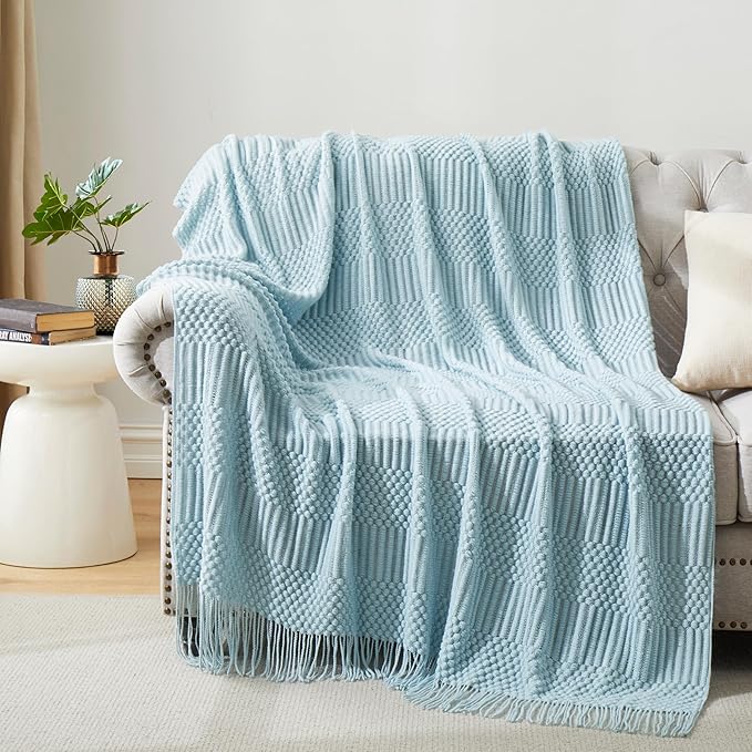 Light Blue Knitted Decorative Ball Throw Blankets for Couch, Bedroom and Officeroom,Textured Fade Resistant Soft and Warm Knit Blanket with Tassel,50"x60"
