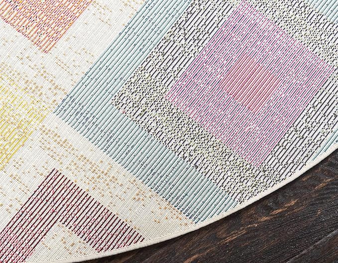 Unique Loom Estrella Collection Colorful, Geometric, Squares Modern, Abstract Area Rug (6' 0 x 6' 0 Round, Multi/Beige)