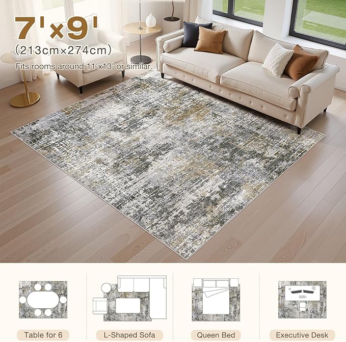 Abstract Living Room Rug 7x9 - Modern Washable Soft Thin Area Rug for Living Room Bedroom Under Dining Table - Neutral Indoor Floor Rug Carpets for Home Office Playroom Nursery - Black Gold