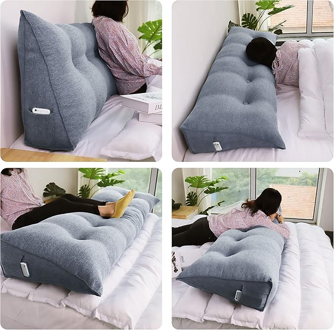 Wedge Headboard Pillow Dorm Room Reading Pillow Back Support for Sitting Up in Bed Bolster Lumbar Cushion Body Positioning Bedrest Cotton Linen 39in Gray Twin